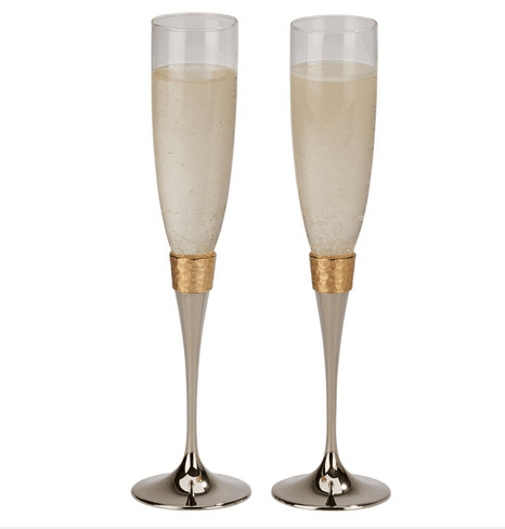 Etched Wedding Gold Hammered Champagne Flute Set